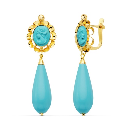 [P10695-T] 18K PENDIENTES TURQUESA CAMAFEO 47X14 MM