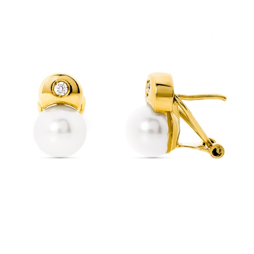 [P10796] 18K PENDIENTES ORO AMARILLO Y PERLA CULTIVADA 7 MM 12X7 MM CIERRE OMEGA