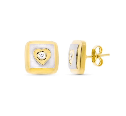 [P10952] 18K PENDIENTES ORO BICOLOR MATE Y BRILLO CUADRADOS BICOLOR 11X11 MM