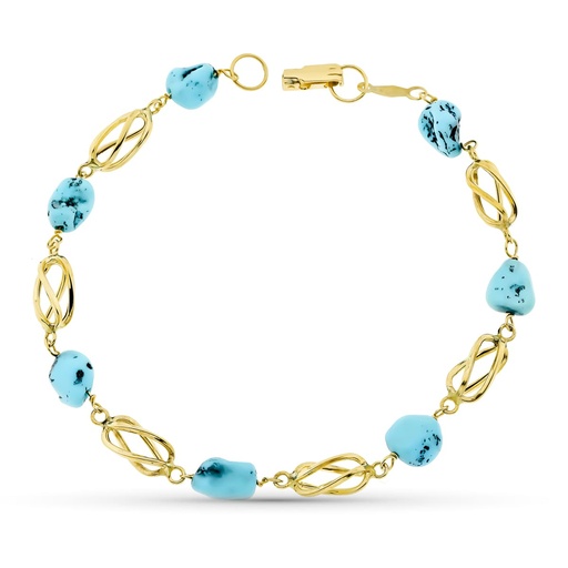 [P11000048] 18K PULSERA ORO AMARILLO JAULA Y TURQUESA 19 CM