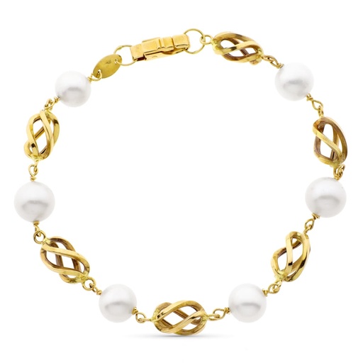 [P11000049] 18K PULSERA ORO AMARILLO CON JAULA Y PERLA CULATIVADAS 8 MM