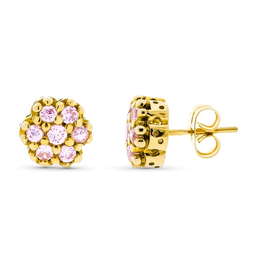 [P11048-RS] 18K PENDIENTES ORO AMARILLO CIRCONITAS ROSAS 9 MM PRSION