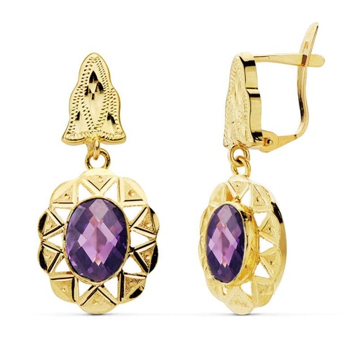 [P11077-AT] 18K PENDIENTES CUBANAS PIEDRA OVAL 8X6 MM AMATISTA
