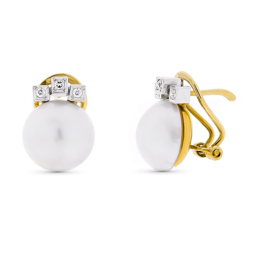 [P11157] 18K PENDIENTES ORO BICOLOR PERLA JAPONESA CON CIRCONITAS 10-12 MM CIERRE OMEGA