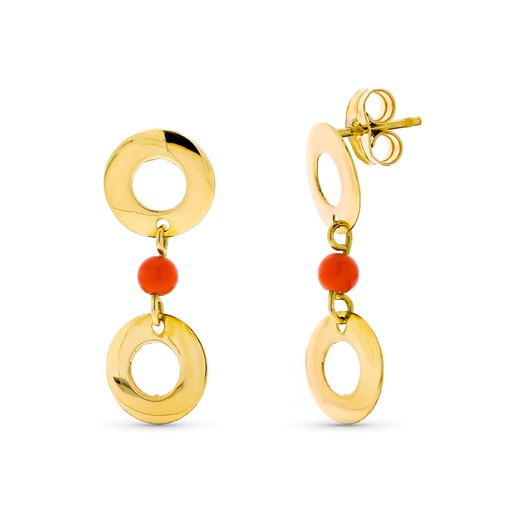 [P11385] 18K PENDIENTES ORO AMARILLO LARGOS DOS CIRCULOS Y CORAL