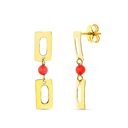 [P11387-C] 18K PENDIENTES ORO AMARILLO LARGOS CORAL 3 MM RECTANGULOS PRESION