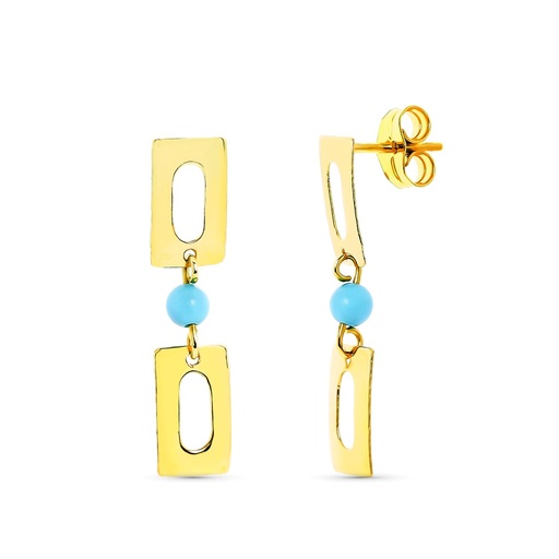 [P11387-T] 18K PENDIENTES ORO AMARILLO LARGOS TURQUESA 3MM RECTANGULOS PRESION