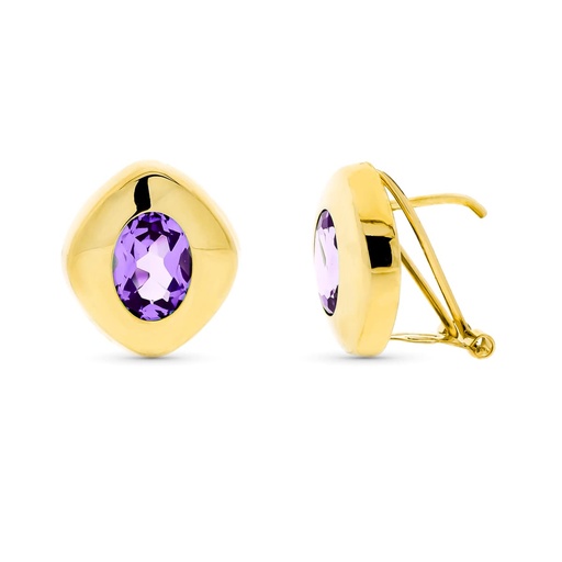 [P11407-AT] 18K PENDIENTES ORO AMARILLO PIEDRA OVAL AMATISTA 8X6 MM