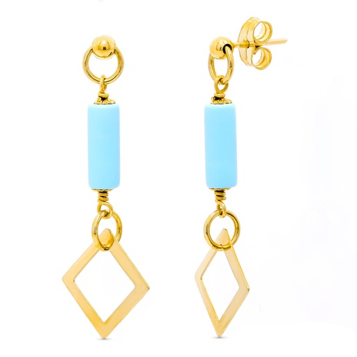 [P11486-T] 18K PENDIENTES ORO AMARILLO TURQUESA ROMBO PRESION
