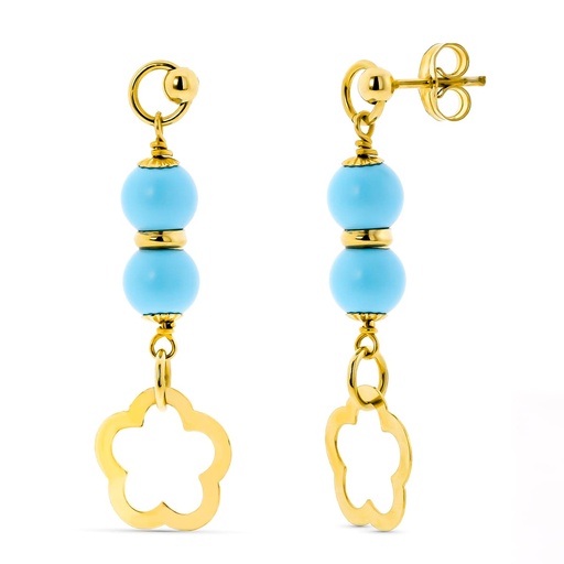 [P11487-T] 18K PENDIENTES ORO AMARILLO 2 BOLAS TURQUESA 6 MM FLOR