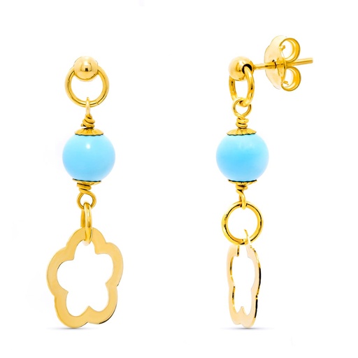 [P11488-T] 18K PENDIENTES ORO AMARILLO TURQUESA 6 MM FLOR PRESION