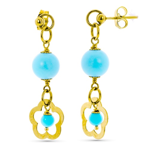 [P11489] 18K PENDIENTES LARGOS TURQUESA FLOR CALADA CIERRE PRESION