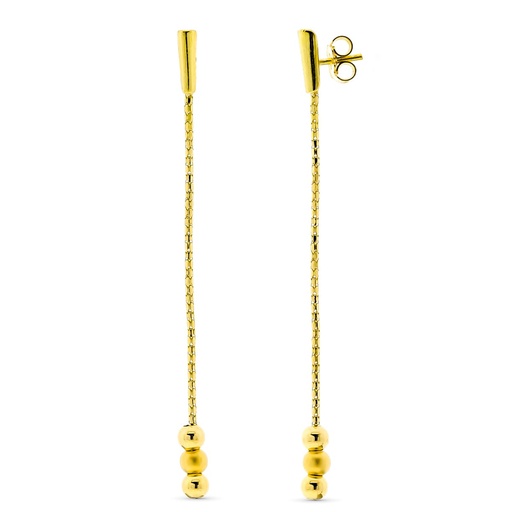 [P11505] 18K PENDIENTES ORO AMARILLO CON CADENA BARRA Y 3 BOLAS. CIERRE PRESION