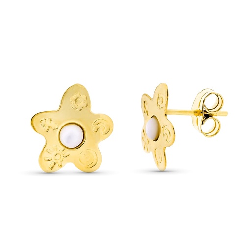 [P11537] 18K PENDIENTES ORO AMARILLO MADREPERLA FLOR 12X11 MM