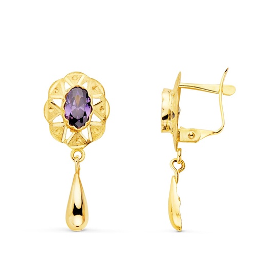 [P11545-AT] 18K PENDIENTES ORO AMARILLO CUBANAS CON AMATISTA 23X9 MM CIERRE CATALAN