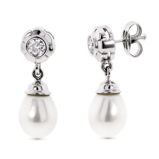 [P11578] 18K PENDIENTES ORO BLANCO PERLA CON CIRCONITAS CIERRE PRESION