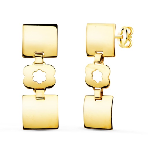 [P11589] 18K PENDIENTES ORO AMARILLO TRES CUERPOS CUADRADOS Y FLOR 32X10 MM PRESION