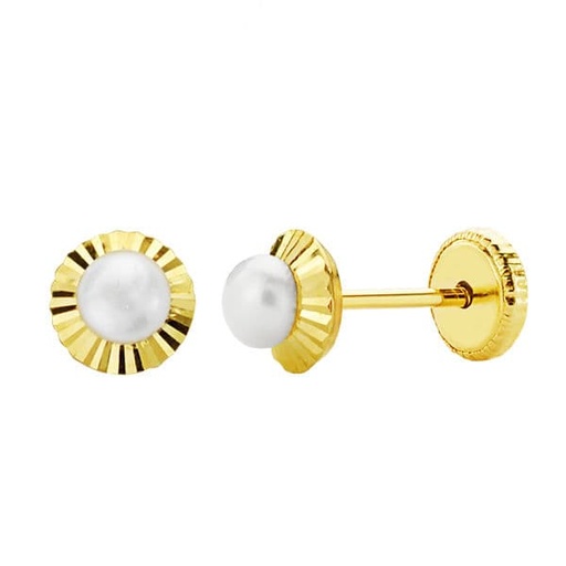 [P11636-P] 18K PENDIENTES ORO AMARILLO PERLA ORLA TALLADA 5 MM