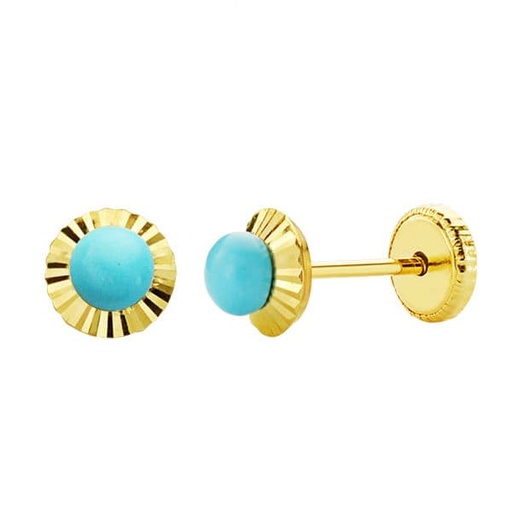 [P11636-T] 18K PENDIENTES ORO AMARILLO TURQUESA ORLA TALLADA 5 MM