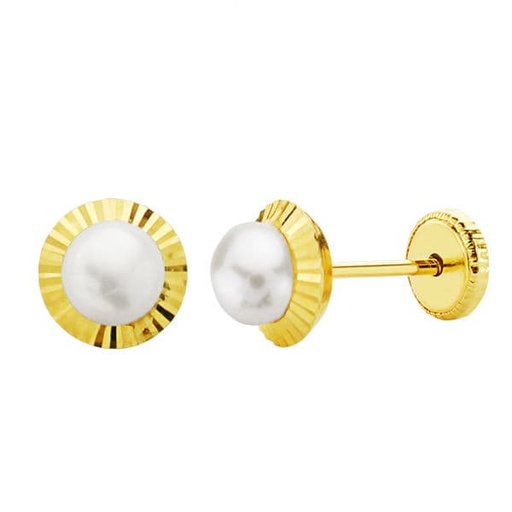 [P11637-P] 18K PENDIENTES ORO AMARILLO PERLA ORLA TALLADA 6 MM