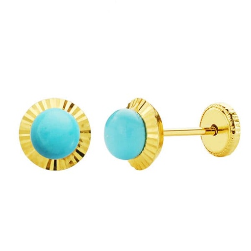 [P11637-T] 18K PENDIENTES ORO AMARILLO TURQUESA ORLA TALLADA 6 MM
