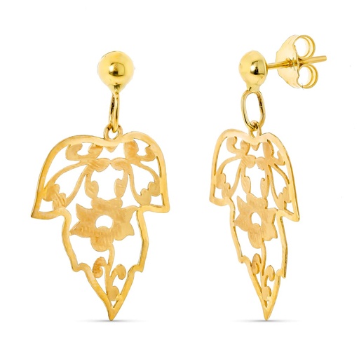 [P11850] 18K PENDIENTES ORO AMARILLO HOJA CALADA MATE Y BRILLO CIERRE PRESION