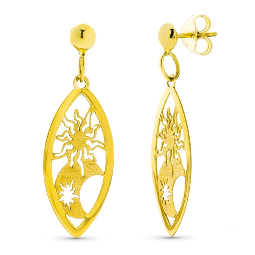 [P11853] 18K PENDIENTES ORO AMARILLO LARGOS CALADOS SOL Y LUNA