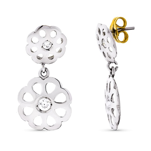 [P11856] 18K PENDIENTES ORO BLANCO FLORES CIRCONITAS 20X10 MM
