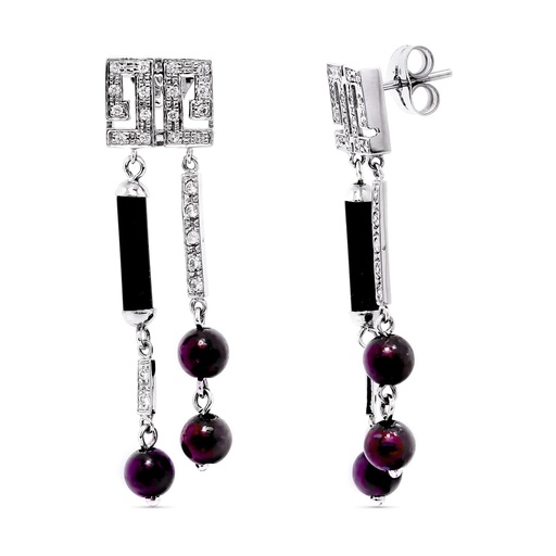 [P11885] 18K PENDIENTES ORO BLANCO LARGOS BOLAS Y CIRCONITAS 43X10 MM CIERRE PRESION