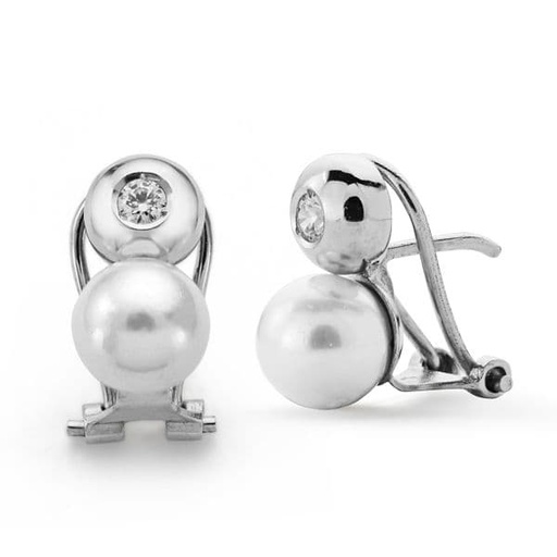 [P11909] 18K PENDIENTES ORO BLANCO PERLA CULTIVADA Y CIRCONITA 13X7 MM