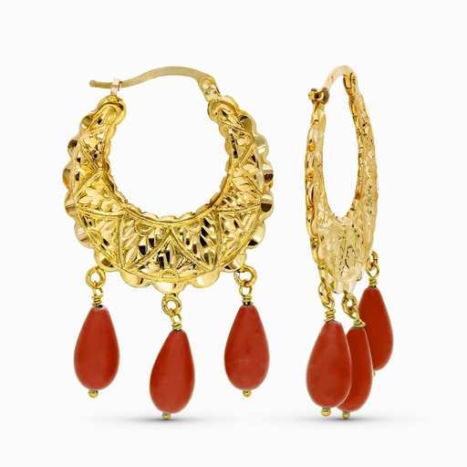 [P11979-C] 18K AROS ORO AMARILLO TALLADOS LAGRIMA CORAL