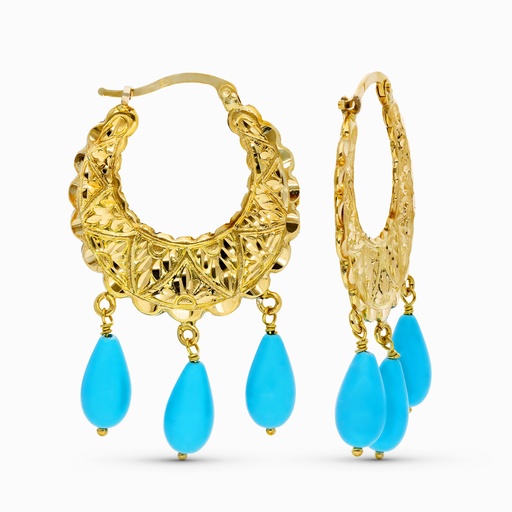 [P11979-T] 18K AROS ORO AMARILLO TALLADOS LAGRIMA TURQUESA