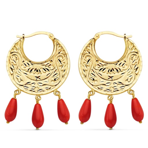 [P11980] 18K AROS ORO AMARILLO TALLADOS CORAL 32X25 MM