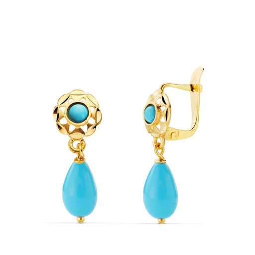 [P11981-T] 18K PENDIENTES ORO AMARILLO CUBANITAS TURQUESAS. 17X6 MM CIERRE CATALAN