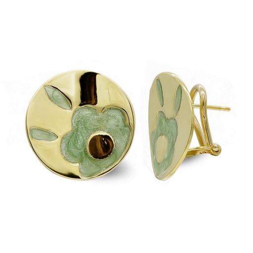 [P11983] 18K PENDIENTES ORO AMARILLO REDONDOS ESMALTE FLOR 19X19 MM