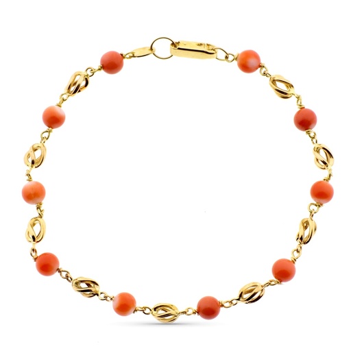 [P12000019] 18K PULSERA ORO AMARILLO CON JAULAS Y CORAL FINO JAPONES 5 MM 20 CM