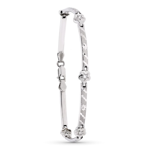 [P12000077] 18K PULSERA ORO BLANCO MATE Y BARRAS Y FLORES 18.5 CM