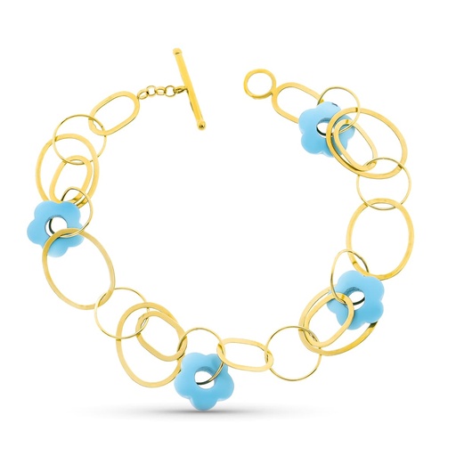 [P12000113] 18K PULSERA ORO AMARILLO CIRCULOS Y FLOR TURQUESA