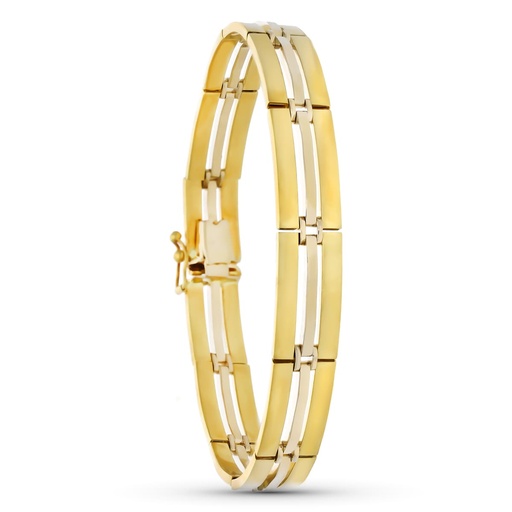 [P12000248] 18K PULSERA ORO BICOLOR ESLABON RECTANGULAR MATE Y BRILLO CON CIRCONITAS