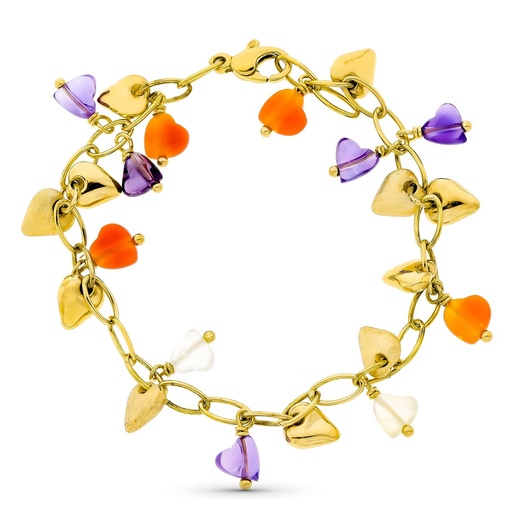 [P12000429] 18K PULSERA ORO AMARILLO MATE Y BRILLO PIEDRAS COLOR