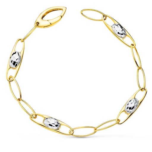 [P12000502] 18K PULSERA ORO BICOLOR ESLABONES MOTIVOS TALLADOS. ANCHO 6 MM LARGO 19 CM
