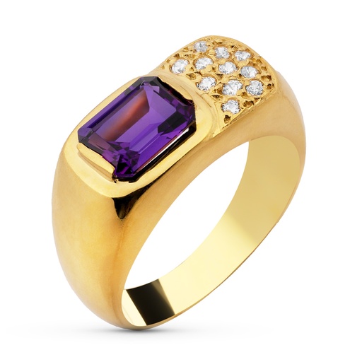 [P12058-AT] 18K SORTIJA ORO AMARILLO AMATISTA Y CIRCONITAS 8X6 MM