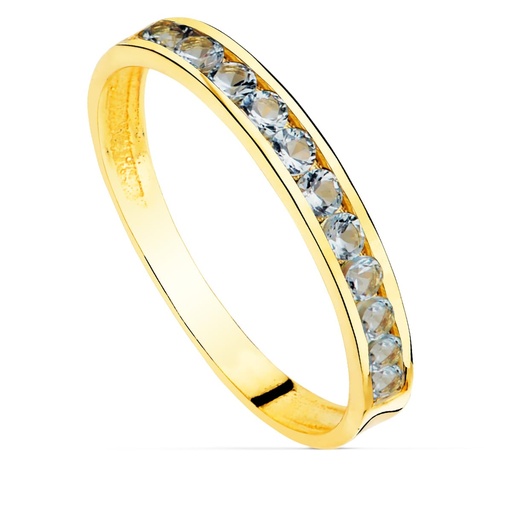 [P12570-AM] 18K SORTIJA ORO AMARILLO CIRCONITAS AGUAMARINA ANCHO CUERPO 2.5 MM