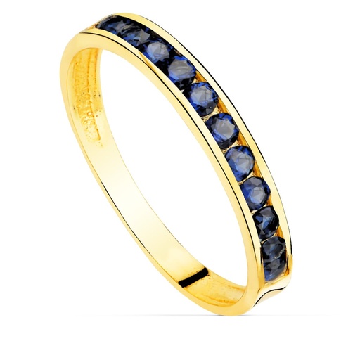 [P12570-AZ] 18K SORTIJA ORO AMARILLO CIRCONITAS AZULES. ANCHO CUERPO 2.5 MM