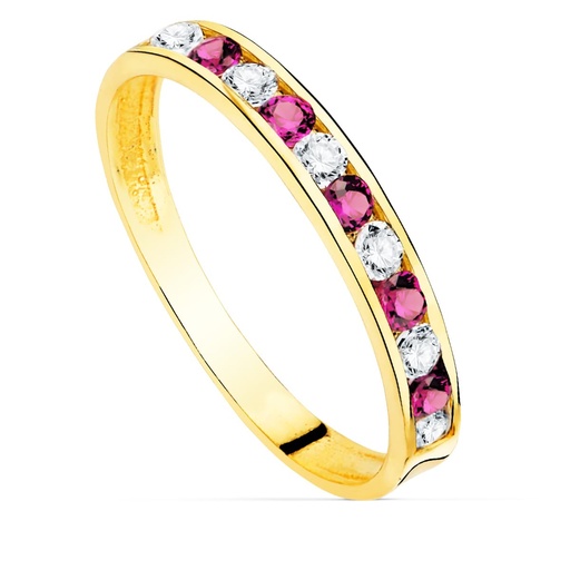 [P12570-CIRO] 18K SORTIJA ORO AMARILLO CIRCONITAS ROJAS Y BLANCAS. ANCHO CUERPO 2.5 MM