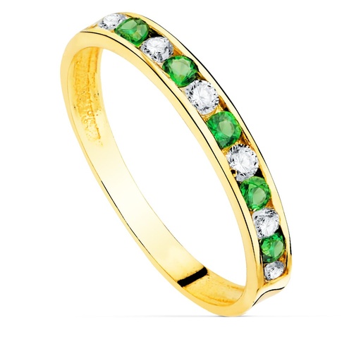 [P12570-CIVE] 18K SORTIJA ORO AMARILLO CIRCONITAS VERDES Y BLANCAS. ANCHO CUERPO 2.5 MM