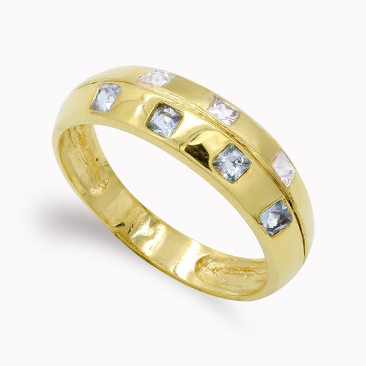 [P12700] 18K SORTIJA ORO AMARILLO CON CIRCONITAS TALLA PRINCESA Y PIEDRAS AGUAMARINA