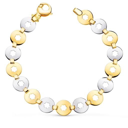 [P13000017] 18K PULSERA ORO BICOLOR ESLABONES REDONDOS CON FLOR ANCHO 10 MM LARGO 19 CM