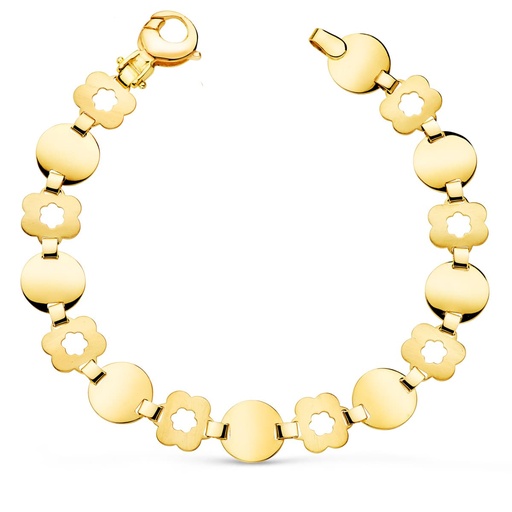 [P13000018] 18K PULSERA ORO AMARILLO ESLABON REDONDO Y FLOR MATE ANCHO 10 MM LARGO 19.5CM