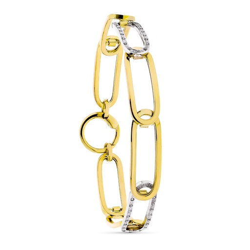 [P13000091] 18K PULSERA ESLABONES CALADOS BICOLOR CIRCONITAS ANCHO 9 MM LARGO 20 CM